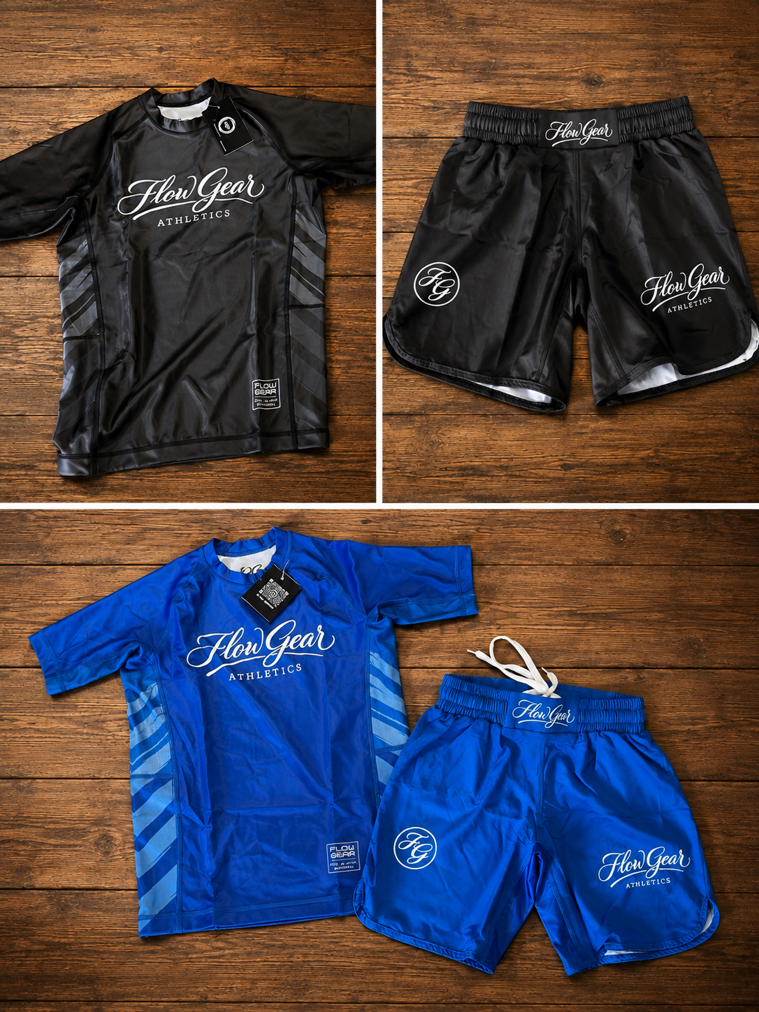 Flow Gear Kids Shorts And Rash Guard Sets In Black Or Blue