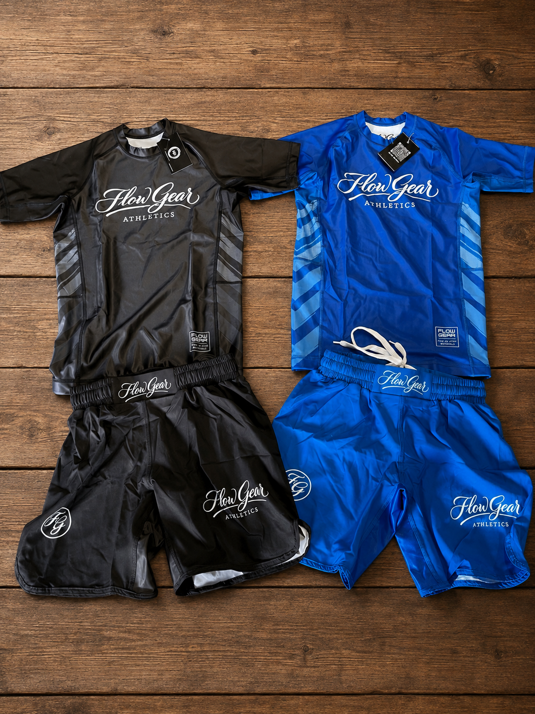 Flow Gear Kids Shorts And Rash Guard Sets In Black Or Blue